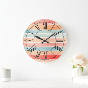 Bright Watercolor Colourful Stripe Pattern Large Clock