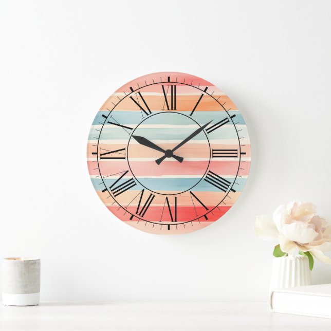 Bright Watercolor Colourful Stripe Pattern Large Clock (Home)