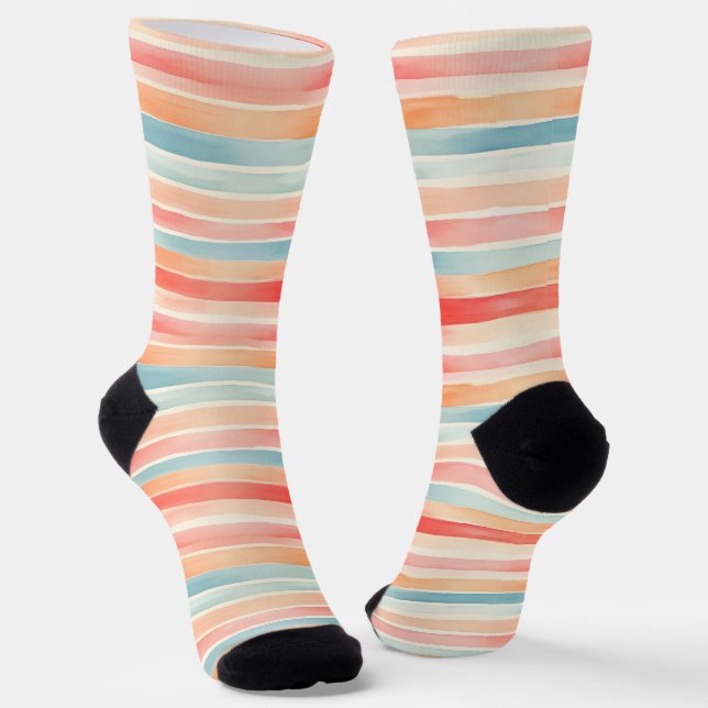 Bright Watercolor Colourful Stripe Pattern Socks (Angled)