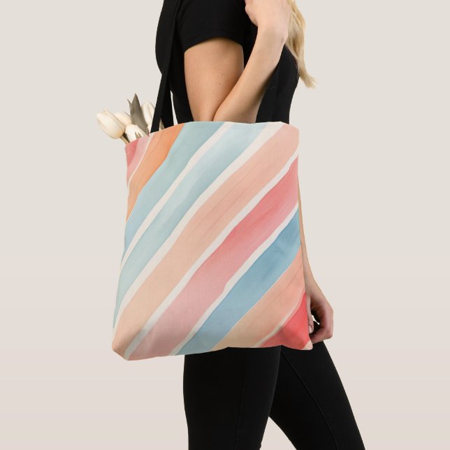 Bright Watercolor Colourful Stripe Pattern Tote Bag (Close Up)