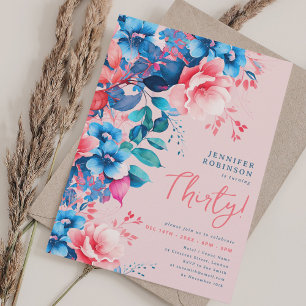 Bright Watercolor Floral 30th Birthday Blush Invitation