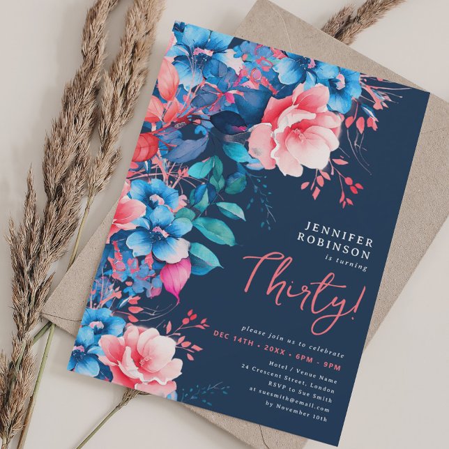 Bright Watercolor Floral 30th Birthday Navy Blue  Invitation (Bright Watercolor Floral 30th Birthday Navy Blue Invitation)