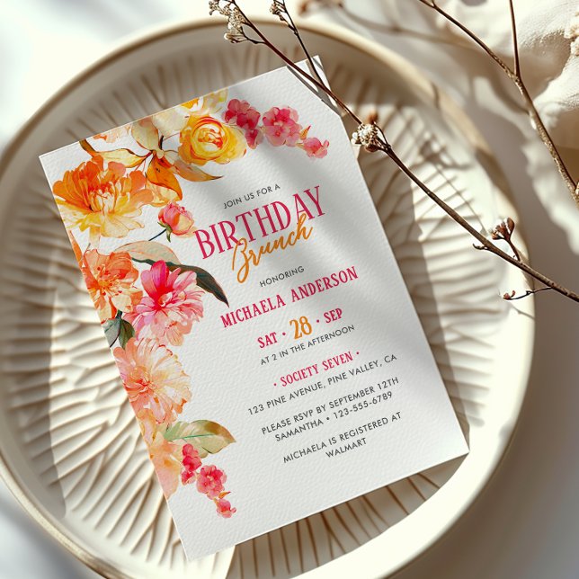 Bright Watercolor Floral Birthday Brunch/Luncheon Invitation (Creator Uploaded)