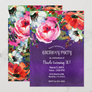 Bright Watercolor Floral Purple Birthday Party Invitation