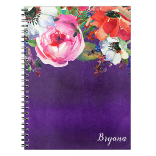 Bright Watercolor Floral Purple Party Chic Custom Spiral Notebook