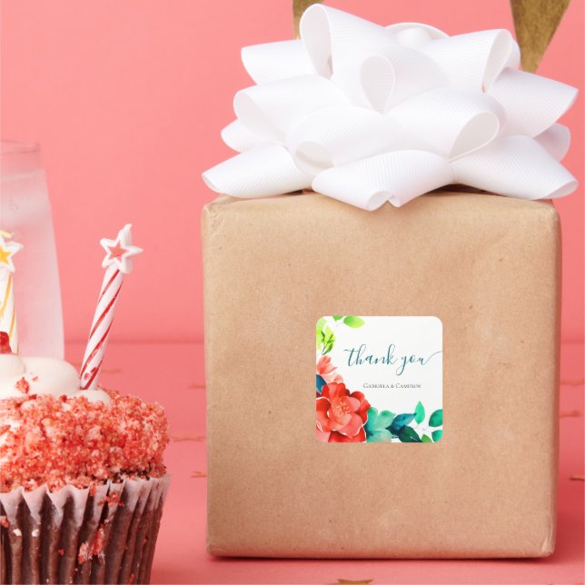 Bright Watercolor Floral Wedding Square Sticker (Party)