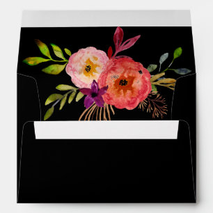 Bright Watercolor Flowers Black Floral Envelope