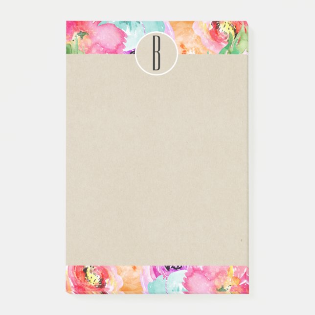 Bright Watercolor Flowers Kraft Monogram Initial Post-it Notes (Front)