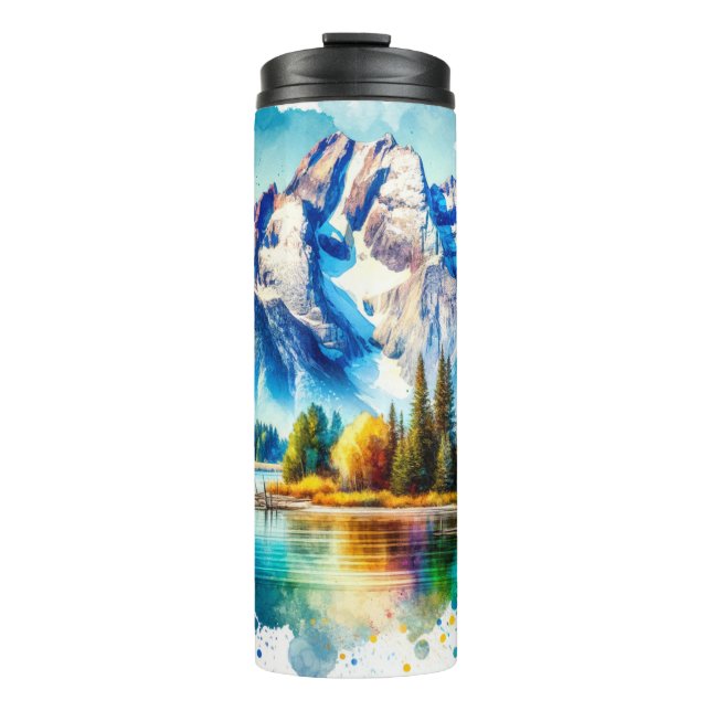 Bright watercolor Grand Teton National Park Wyomin Thermal Tumbler (Front)