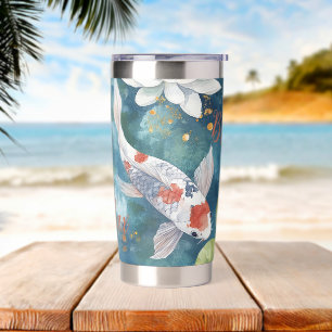 Bright Watercolor Koi fish on blue teal background Insulated Tumbler