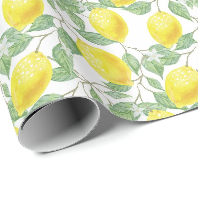 Bright Watercolor Lemons Citrus Greenery Summer Wrapping Paper (Roll Corner)