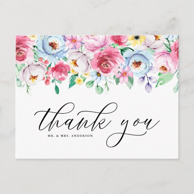 Bright Watercolor Pastel Floral Garland Thank You Postcard (Front)