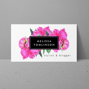 Bright Watercolor Pink Peonies Floral Bouquet Business Card