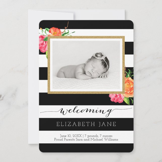 Bright Watercolor Roses Birth Announcement (Front)