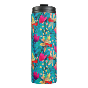 Bright watercolor seamless pattern with beautiful thermal tumbler