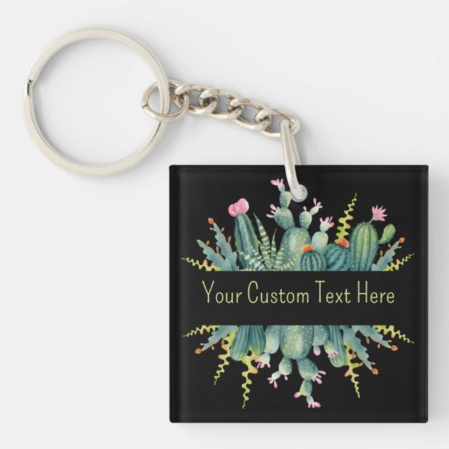 Bright Watercolor Succulent Cactus Custom Text  Key Ring (Front)