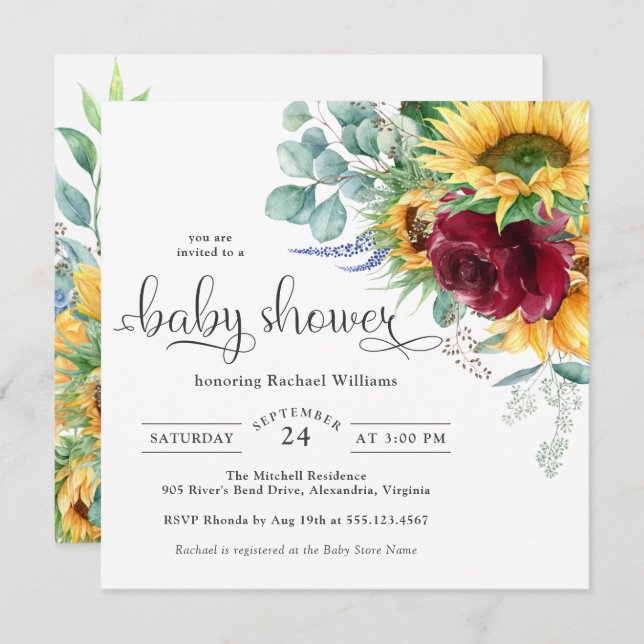 Bright Watercolor Sunflowers Baby Shower Invitation (Front/Back)