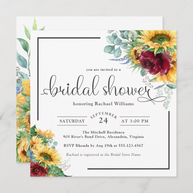 Bright Watercolor Sunflowers Bridal Shower Invitation (Front/Back)