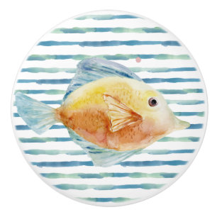 BRIGHT WATERCOLOR TROPICAL FISH, BEACH VACATION CERAMIC KNOB