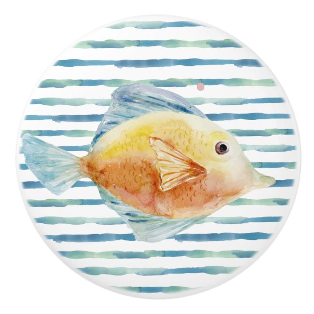 BRIGHT WATERCOLOR TROPICAL FISH,  BEACH VACATION  CERAMIC KNOB (Front)