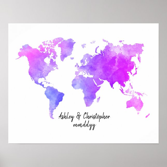 Bright Watercolor World Map Wedding Guest Book Art (Front)