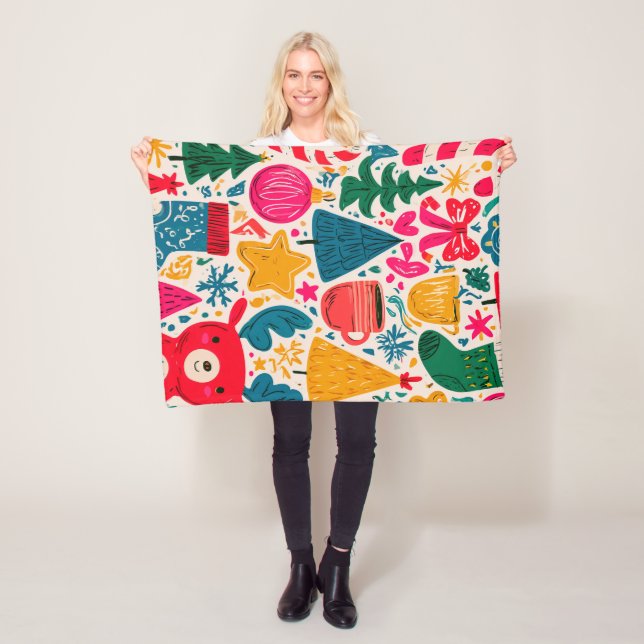 Bright & Whimsical Christmas Doodle Pattern Fleece Blanket (In Situ)