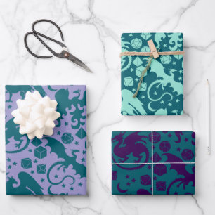 Bright Whimsical Dragon & Dice Purple & Blue Wrapping Paper Sheet