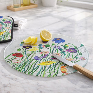 Bright Whimsical Watercolor Wild Poppy Cutting Board