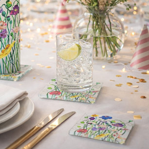 Bright Whimsical Watercolor Wild Poppy Glass Coaster