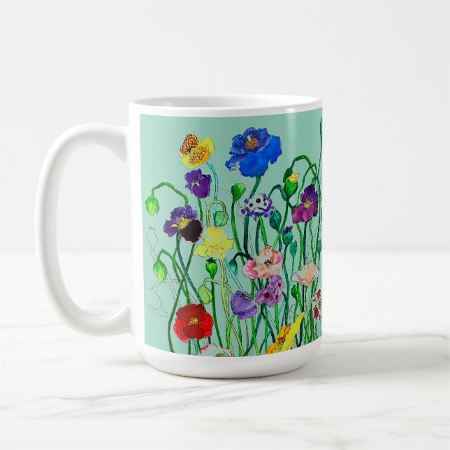 bright whimsical wild poppy watercolour  coffee mug (Left)