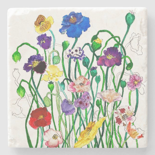 bright whimsical wild poppy watercolour named stone coaster (Front)