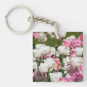 Bright white and pink tulips on a sunny day    key ring