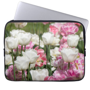 Bright white and pink tulips on a sunny day  laptop sleeve