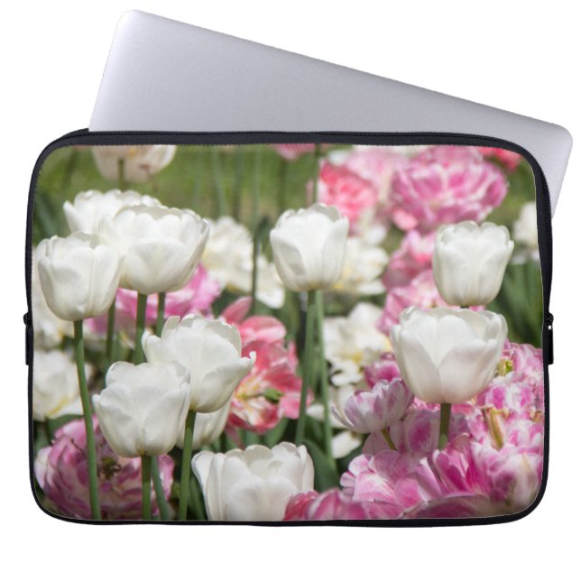 Bright white and pink tulips on a sunny day  laptop sleeve (Front)