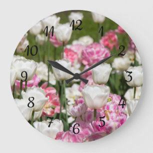 Bright white and pink tulips on a sunny day  large clock