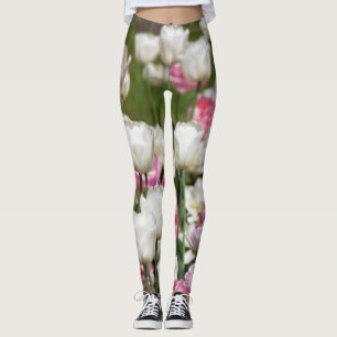 Bright white and pink tulips on a sunny day leggings