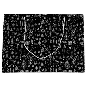 Bright white Black Boho Christmas Trees Snowman Large Gift Bag