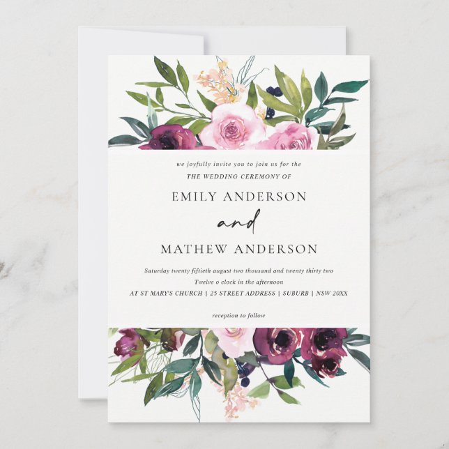 BRIGHT WHITE BLUSH BURGUNDY FLORAL BUNCH WEDDING INVITATION (Front)