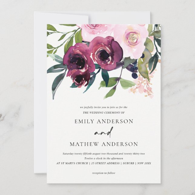 BRIGHT WHITE BLUSH BURGUNDY FLORAL BUNCH WEDDING INVITATION (Front)
