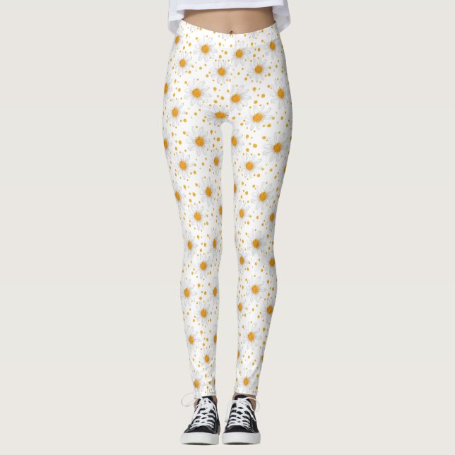 Bright White Daisies with Yellow Centres Leggings (Front)