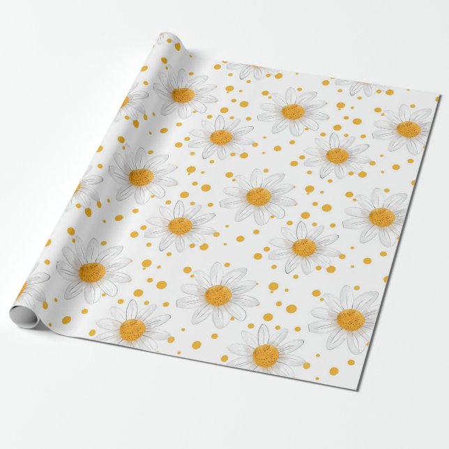 Bright White Daisies with Yellow Centres Wrapping Paper (Unrolled)