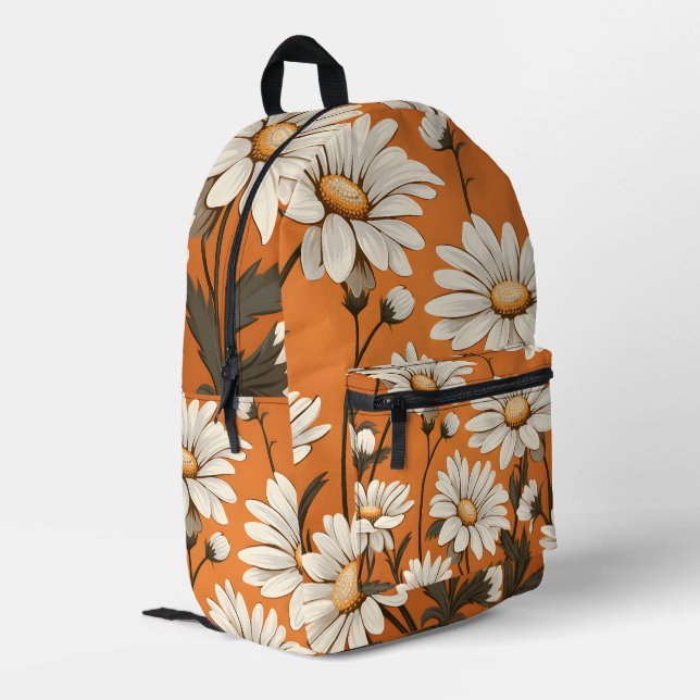 Bright White Daisy Floral in Orange  Printed Backpack (Back Corner Left)