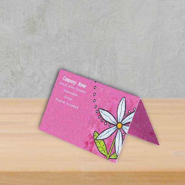 Bright White Daisy Green Leaves Dots on Pink Business Card (Whimsical daisy flower with leaves on bright pink standing business card.)