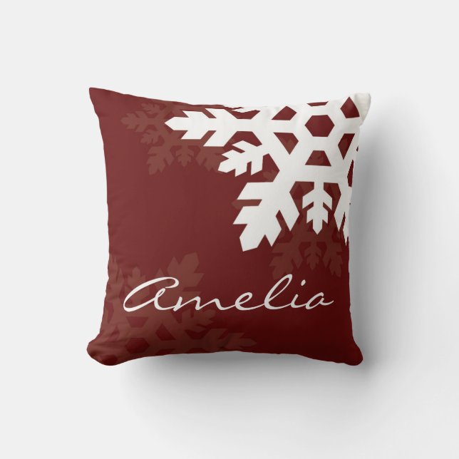 Bright, White Snowflakes against Dark Red Monogram Cushion (Front)