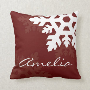 Bright, White Snowflakes against Dark Red Monogram Cushion