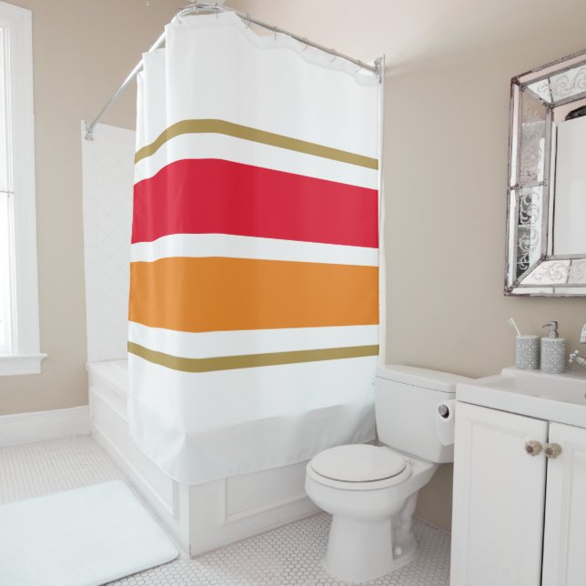 Bright Wide Red Orange Racing Stripes On White Shower Curtain (In Situ)