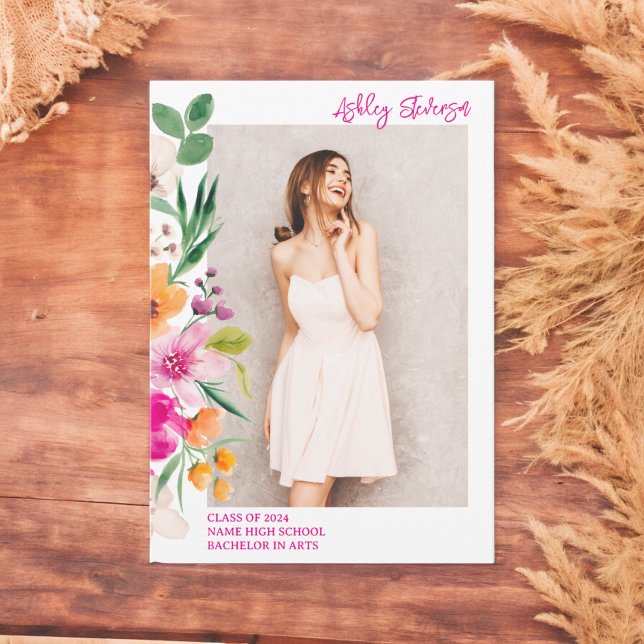 Bright wild flowers script photo graduation announcement (Bright wild flowers script photo graduation announcement)