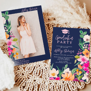 Bright wild flowers script photo graduation invitation