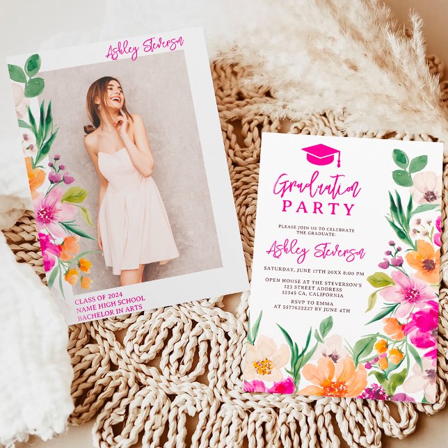 Bright wild flowers script photo graduation invitation (Bright wild flowers script photo graduation invitation on white)