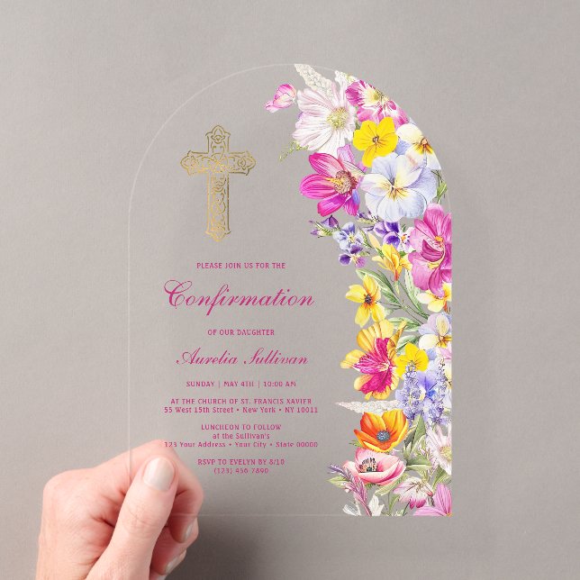 Bright Wildflowers Arch Confirmation Acrylic Invitations (Insitu (Handheld))
